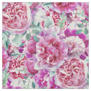 Watercolor Lush Pink Peonies & Green Teal Leaves Fabric