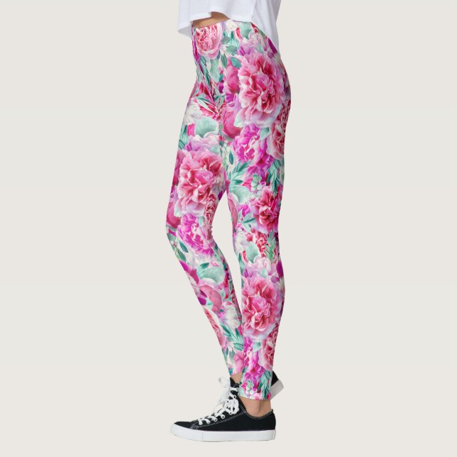 Watercolor Lush Pink Peonies & Green Teal Leaves Leggings (Left)