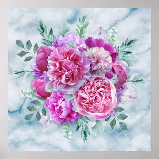 Watercolor Lush Pink Peonies & Green Teal Leaves  Poster (Front)