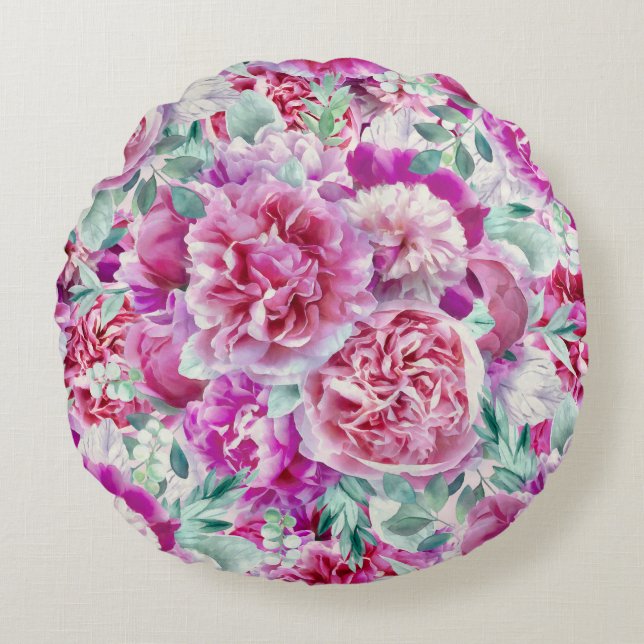 Watercolor Lush Pink Peonies & Green Teal Leaves  Round Cushion (Front)