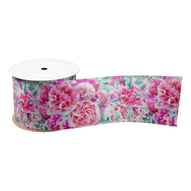 Watercolor Lush Pink Peonies & Green Teal Leaves Satin Ribbon (Spool)