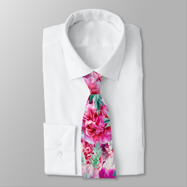 Watercolor Lush Pink Peonies & Green Teal Leaves Tie (Tied)