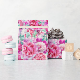 Watercolor Lush Pink Peonies & Green Teal Leaves Wrapping Paper