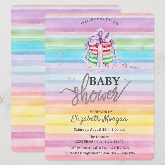 Watercolor Macarons Colourful Stripes Baby Shower Invitation (Front/Back)