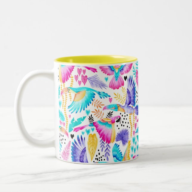 Watercolor Maccam and Tropical Jungle Two-Tone Coffee Mug (Left)