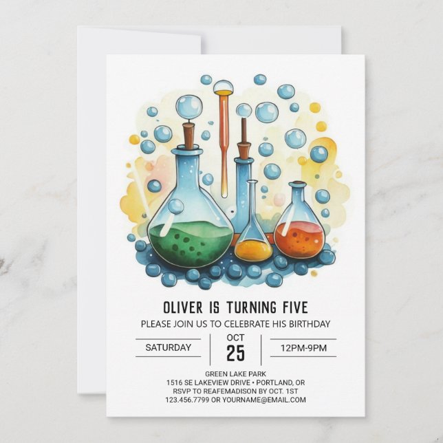 Watercolor Mad Scientist Flask Birthday Invitation (Front)