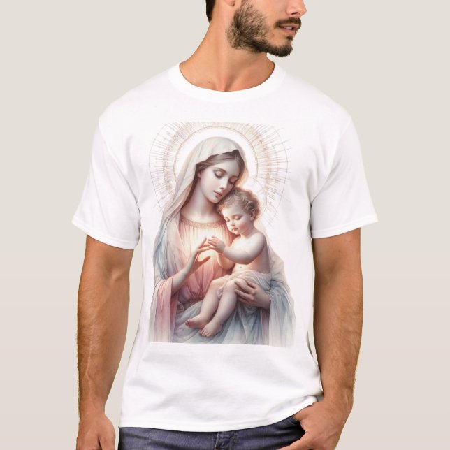 Watercolor Madonna and Child – Elegant Pastel Chri T-Shirt (Front)