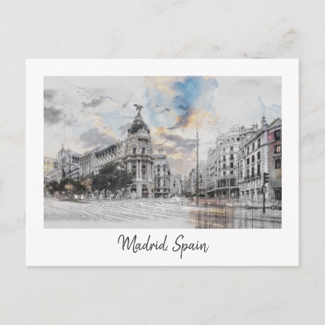Watercolor Madrid Postcard – Scenic Madrid Skyline (Front)