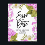 Watercolor Magenta Hydrangea Floral Save the Date Announcement Postcard<br><div class="desc">Share your wedding date with this customisable save the date postcard. It features watercolor floral frame of hydrangeas,  white flowers,  and greenery. Personalise this floral save the date announcement by adding your details. This hydrangea save the date postcard is perfect for spring and winter weddings.</div>