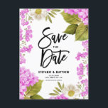 Watercolor Magenta Hydrangea Floral Save the Date Announcement Postcard<br><div class="desc">Share your wedding date with this customisable save the date postcard. It features watercolor floral frame of hydrangeas,  white flowers,  and greenery. Personalise this floral save the date announcement by adding your details. This hydrangea save the date postcard is perfect for spring and winter weddings.</div>