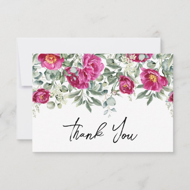 Watercolor Magenta Peonies Greenery Wedding Thank You Card (Front)