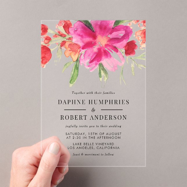 Watercolor Magenta Pink Flowers Botanical Wedding Acrylic Invitations (Insitu (Handheld))