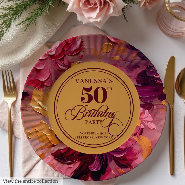 Watercolor Magenta Pink Gold 50th Birthday Plates (Watercolor Magenta Pink Gold 50th Birthday Plates)