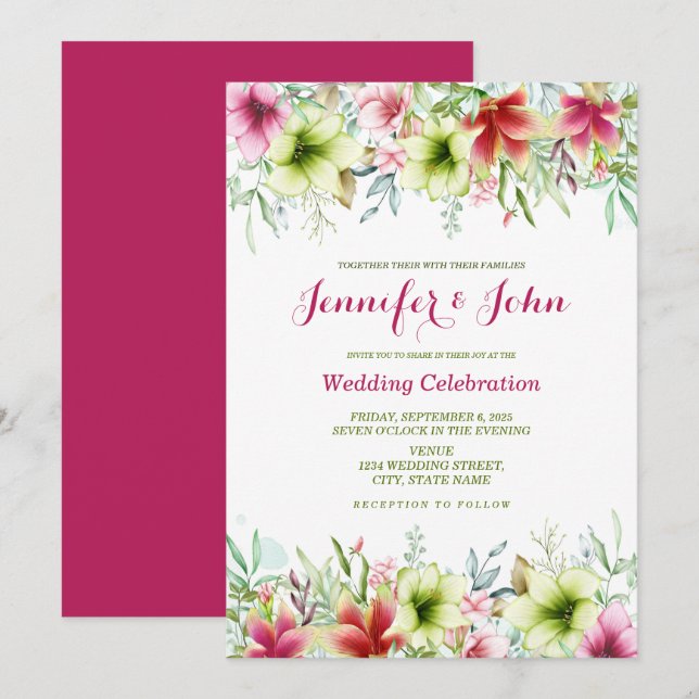 Watercolor Magenta Red Amaryllis Floral Wedding Invitation (Front/Back)