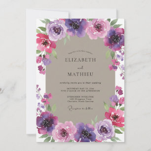 Watercolor Magenta Taupe Peony Wedding Invitation