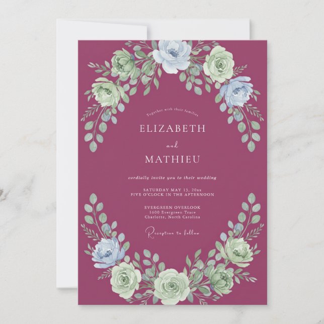Watercolor Magenta Wreath Wedding Invitation (Front)