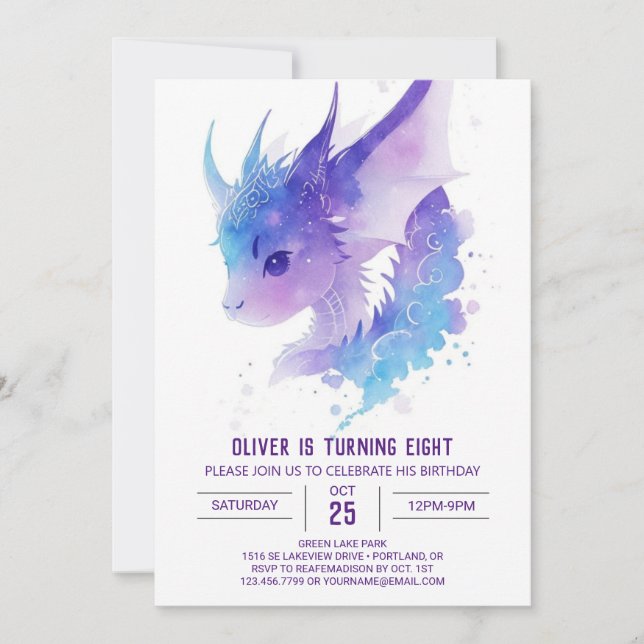 Watercolor Magic: Dragon Birthday Invitation (Front)