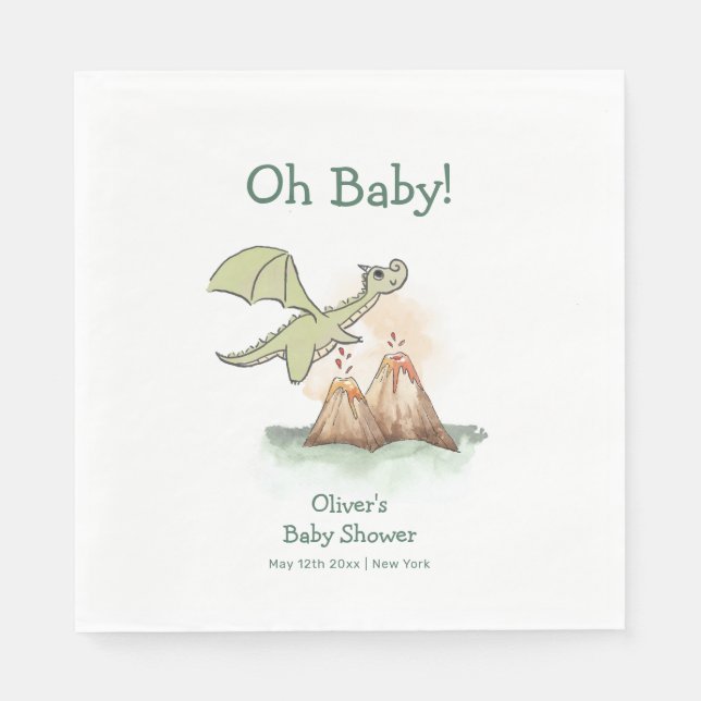 Watercolor Magic Dragon Mountain Boy Baby Shower Napkin (Front)