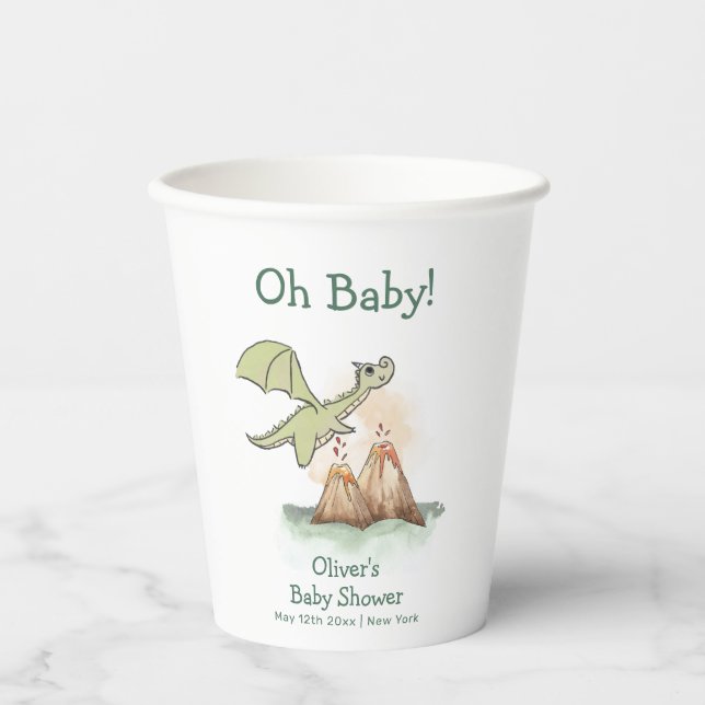 Watercolor Magic Dragon Mountain Boy Baby Shower Paper Cups (Front)