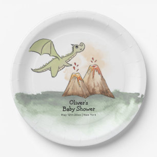 Watercolor Magic Dragon Mountain Boy Baby Shower Paper Plate