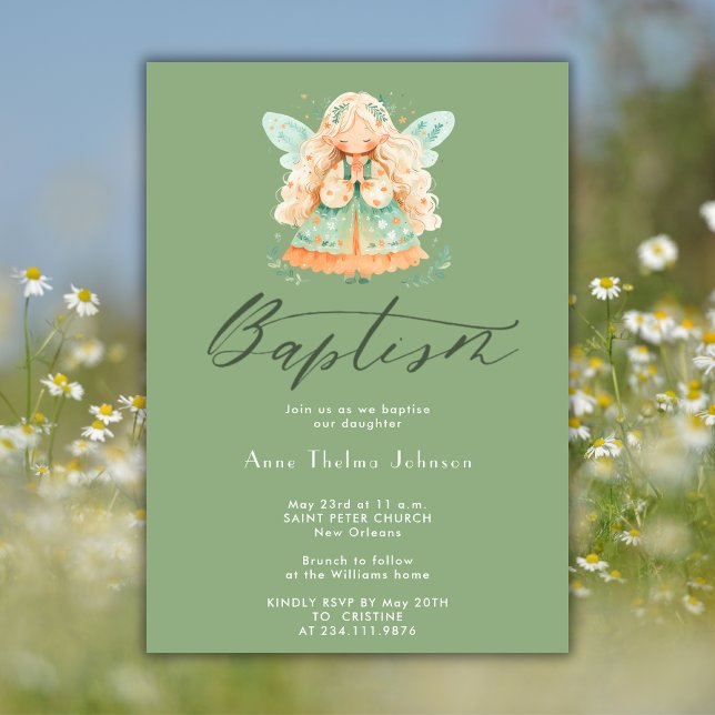  Watercolor Magical Fairy Girl Sage Green Baptism Invitation (Creator Uploaded)