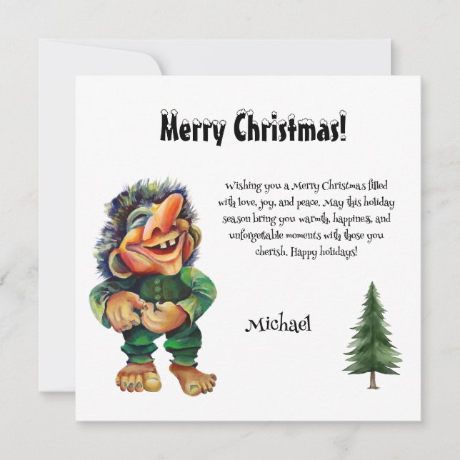 Watercolor Magical Funny Whimsical Troll Holiday Card (Front)