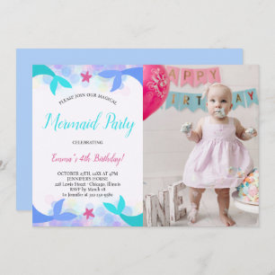 Watercolor Magical Mermaid Birthday Photo Invitation
