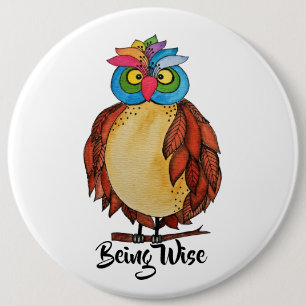 Watercolor Magical Owl With Rainbow Feathers 6 Cm Round Badge