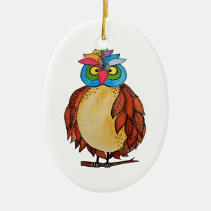 Watercolor Magical Owl With Rainbow Feathers Ceramic Tree Decoration