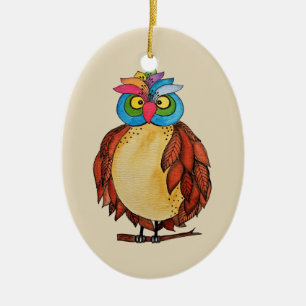 Watercolor Magical Owl With Rainbow Feathers Ceramic Tree Decoration