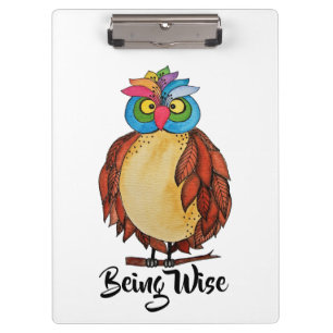 Watercolor Magical Owl With Rainbow Feathers Clipboard
