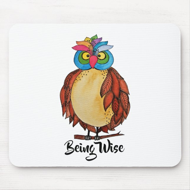 Watercolor Magical Owl With Rainbow Feathers Mouse Pad (Front)