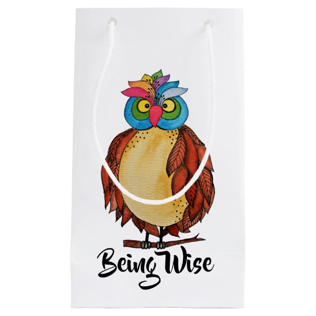 Watercolor Magical Owl With Rainbow Feathers Small Gift Bag (Front)