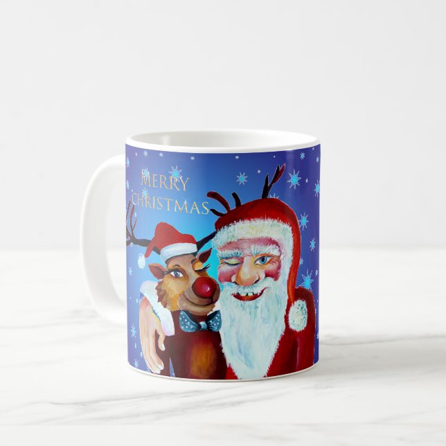 Watercolor Magical Santa Claus Smiling Rudolph Coffee Mug (Front Left)
