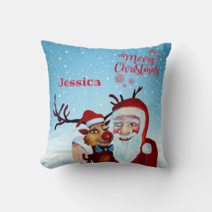 Watercolor Magical Santa Claus Smiling Rudolph Cushion