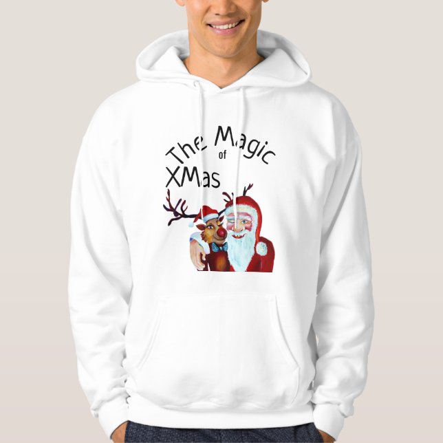 Watercolor Magical Santa Claus Smiling Rudolph Hoodie (Front)