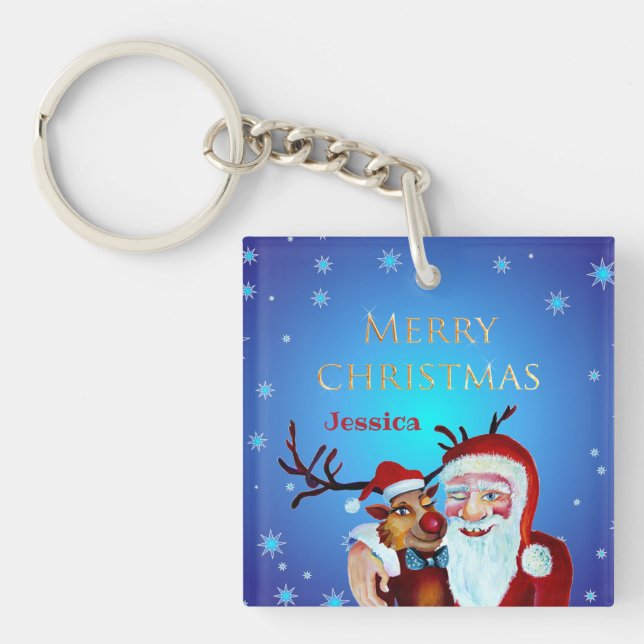 Watercolor Magical Santa Claus Smiling Rudolph Key Ring (Front)