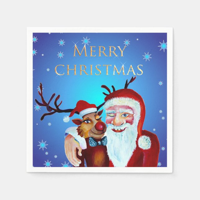 Watercolor Magical Santa Claus Smiling Rudolph Napkin (Front)