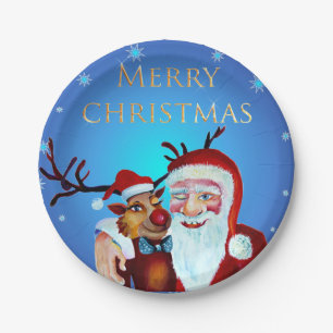 Watercolor Magical Santa Claus Smiling Rudolph Paper Plate