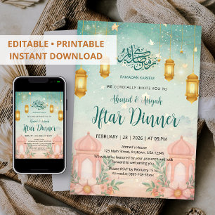 Watercolor Magical Teal and Peach Iftar Invitation