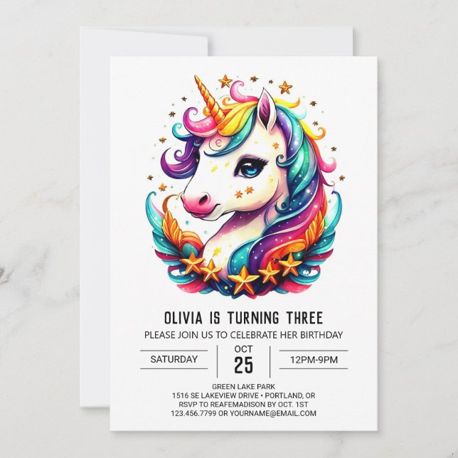 Watercolor Magical Unicorn Birthday Invitation (Front)