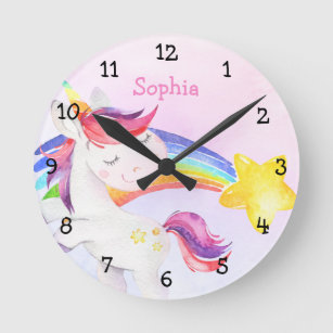 Watercolor Magical Unicorn Rainbow Girl Nursery Round Clock