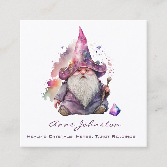 Watercolor Magick Gnome Wizard Purple Square Business Card (Front)