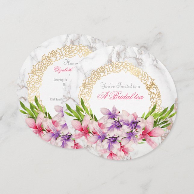 Watercolor Magnoilia Flowers on Marble Bridal Tea Invitation (Front/Back)