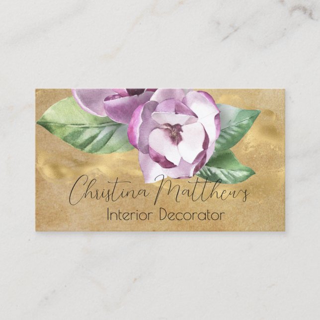 Watercolor Magnolia and Gold on Rustic Parchment Business Card (Front)