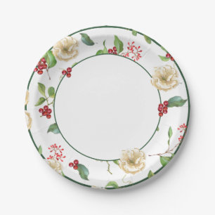 Watercolor Magnolia, Berries and Foliage Christmas Paper Plate
