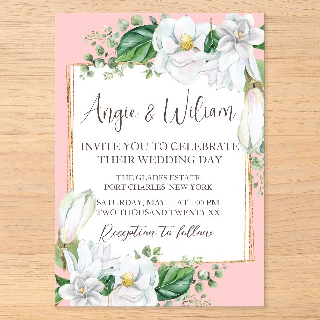Watercolor Magnolia Blush Wedding Acrylic Invitations (Front)