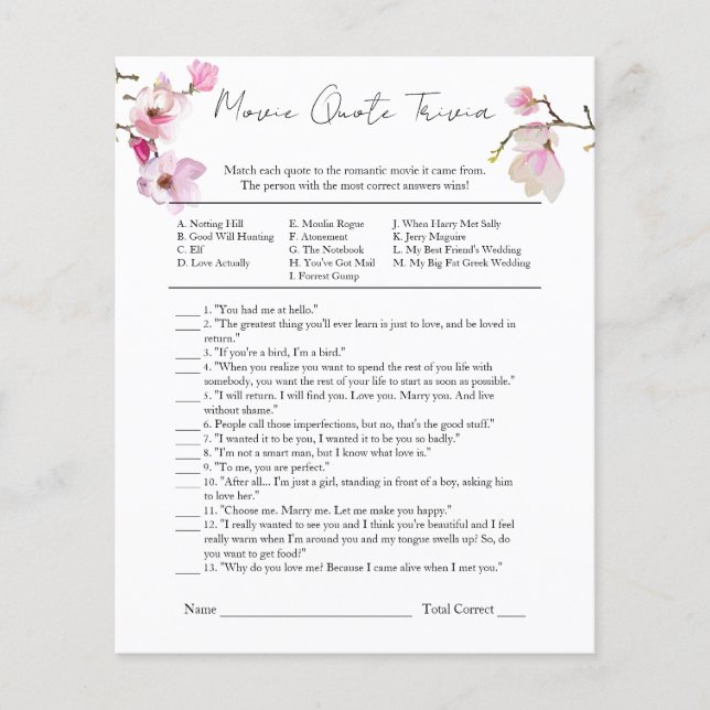 Watercolor Magnolia Bridal Shower Movie Quote Game Flyer (Front)