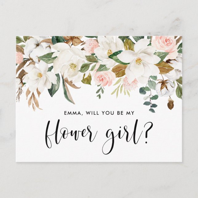 Watercolor Magnolia Cotton Garland Flower Girl Postcard (Front)