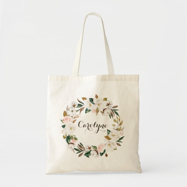 Watercolor Magnolia Cotton Wreath Bridesmaid Tote Bag (Front)